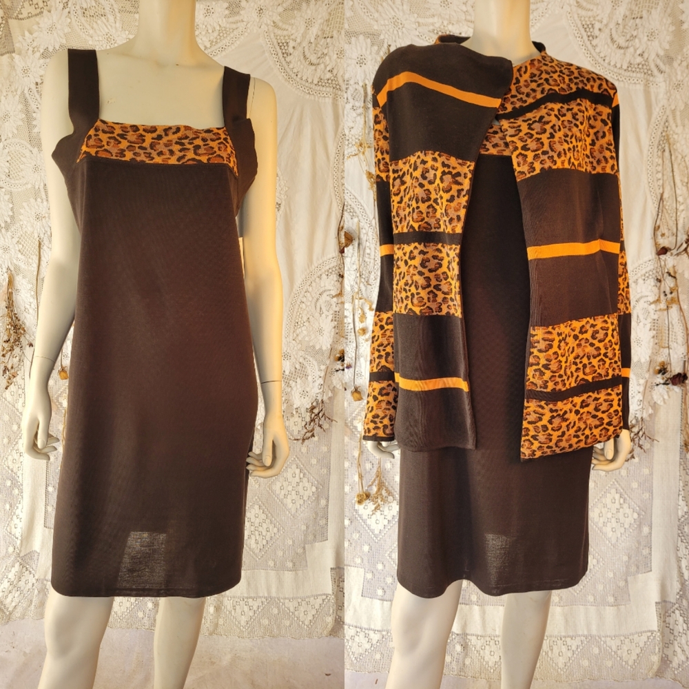 Misook 2 Pcs Set Brown Dress with Leopard Print Jacket L/ Xl